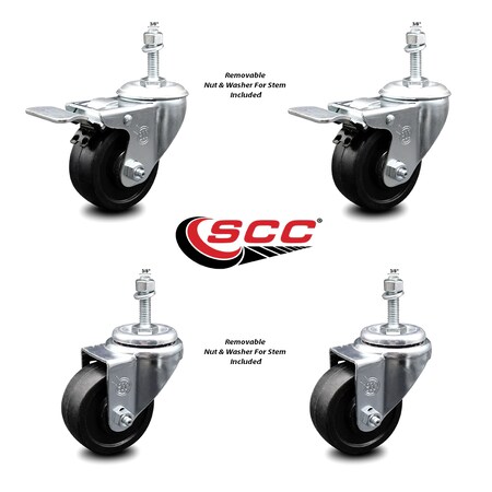 Service Caster 3.5 Inch Soft Rubber Wheel Swivel 3/8 Inch Stem Caster Total Lock Brake, 2PK SCC-TSTTL20S3514-SRS-381615-2-S-2